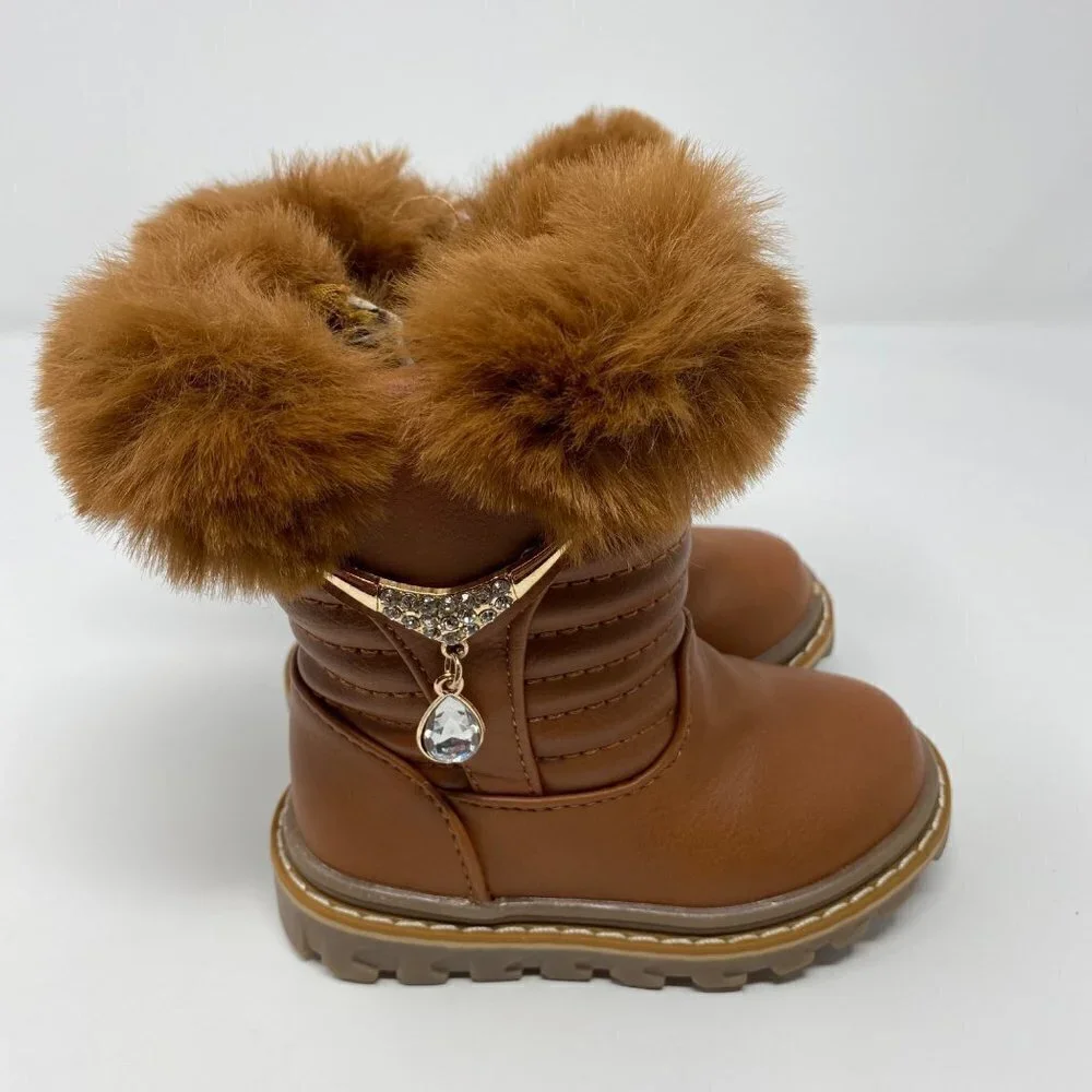 Toddler Girl Winter Snow Warm Boots With Faux Fur. Brown. Size 5.5